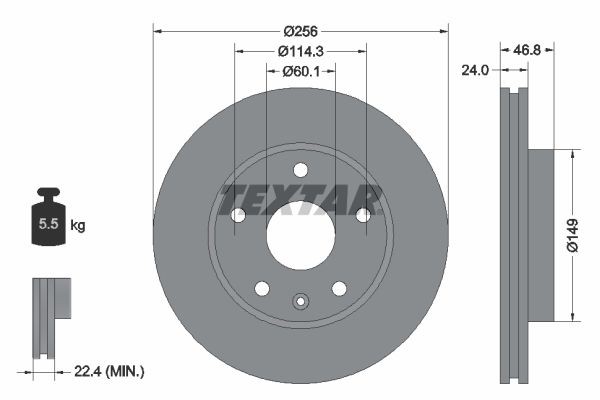 TEXTAR 92155600: Bremseskive Ø: 256mm, indvendigt ventileret, Ø: 256mm, uden hjulnav, uden hjullejer, uden hjulbolte