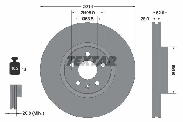 TEXTAR 92162300: Piduriketas Ø: 316mm, välisõhutus, Ø: 316mm, ilma rattakeskmeta, ilma rattalaagrita, ilma rattakinnituspoltideta