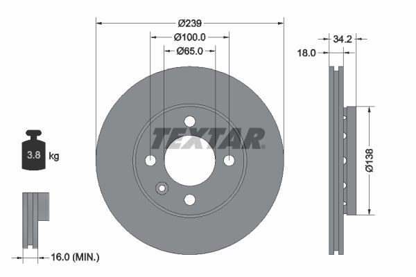 TEXTAR 92072003: Brzdový kotouč R: 239mm, vnější větrání, R: 239mm, nátěr, bez náboje kola, bez ložiska (kola), bez šroubů vozidlového kola PRO