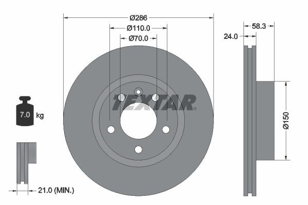 TEXTAR 92066903: Brzdový kotouč R: 286mm, vnitřně větráno, R: 286mm, nátěr, bez náboje kola, bez ložiska (kola), bez šroubů vozidlového kola PRO