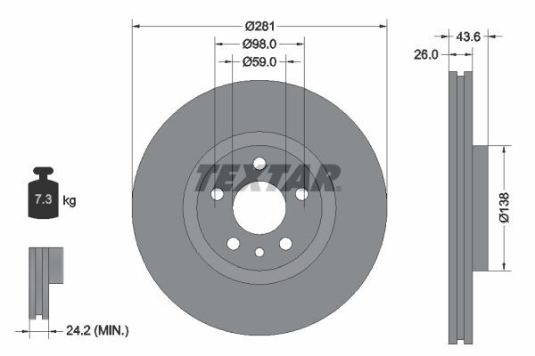 TEXTAR 92074003: Piduriketas Ø: 281mm, sisemine õhutus, Ø: 281mm, kaetud, ilma rattakeskmeta, ilma rattalaagrita, ilma rattakinnituspoltideta PRO