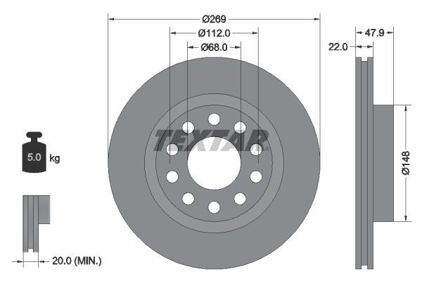 TEXTAR 92176903: Piduriketas Ø: 269mm, välisõhutus, Ø: 269mm, kaetud, ilma rattakeskmeta, ilma rattalaagrita, ilma rattakinnituspoltideta PRO