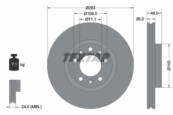 TEXTAR 92232503: Bremseskive Ø: 283mm, indvendigt ventileret, Ø: 283mm, coatet, uden hjulnav, uden hjullejer, uden hjulbolte PRO