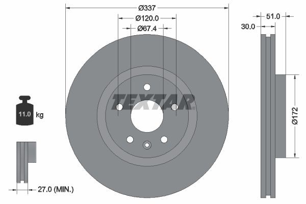 TEXTAR 92187103: Piduriketas Ø: 337mm, sisemine õhutus, Ø: 337mm, kaetud, ilma rattakeskmeta, ilma rattalaagrita, ilma rattakinnituspoltideta PRO