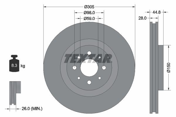 TEXTAR 92228503: Piduriketas Ø: 305mm, sisemine õhutus, Ø: 305mm, kaetud, ilma rattakeskmeta, ilma rattalaagrita, ilma rattakinnituspoltideta PRO