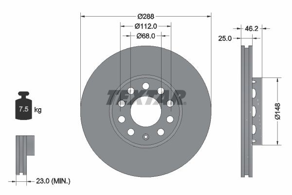 TEXTAR 92057603: Bremsscheibe Ø: 288mm, außenbelüftet, Ø: 288mm, beschichtet, ohne Radnabe, ohne Radlager, ohne Radbefestigungsbolzen PRO