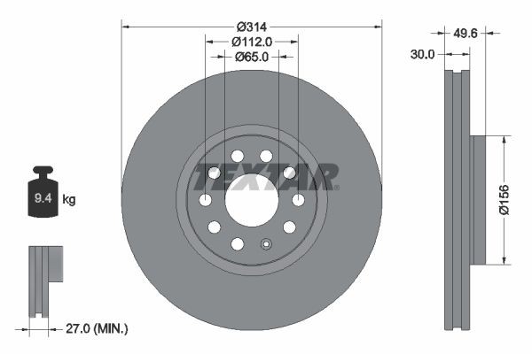 TEXTAR 92232403: Piduriketas Ø: 314mm, sisemine õhutus, Ø: 314mm, kaetud, ilma rattakeskmeta, ilma rattalaagrita, ilma rattakinnituspoltideta PRO