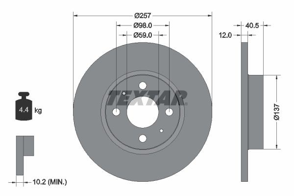 TEXTAR 92236703: Bromsskiva Ø: 257mm, full, Ø: 257mm, belagd, utan hjulvnav, utan hjullager, utan hjulbultar PRO