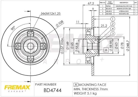 FREMAX BD-4744: Disco de freno Eje trasero, Ø: 249mm, macizo, parcialmente recubierto, con cojinete rueda incorporado, con sensor ABS incorporado, Premium Black Carbon +