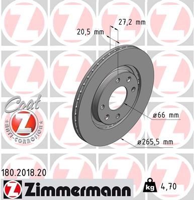 ZIMMERMANN 180.2018.20: Δισκόπλακα Ø: 266mm, εξωτερικά αεριζόμενο, Ø: 266mm, με επίστρωση COAT Z