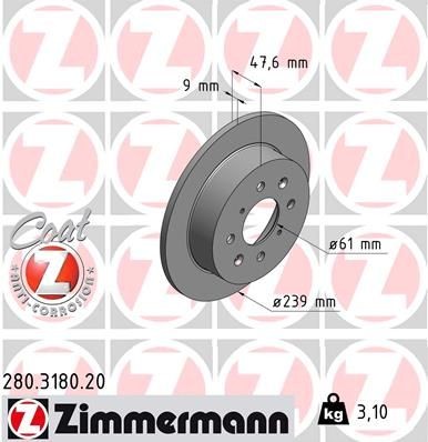 ZIMMERMANN 280.3180.20: Disco de freno Ø: 239mm, macizo, Ø: 239mm, revestido COAT Z