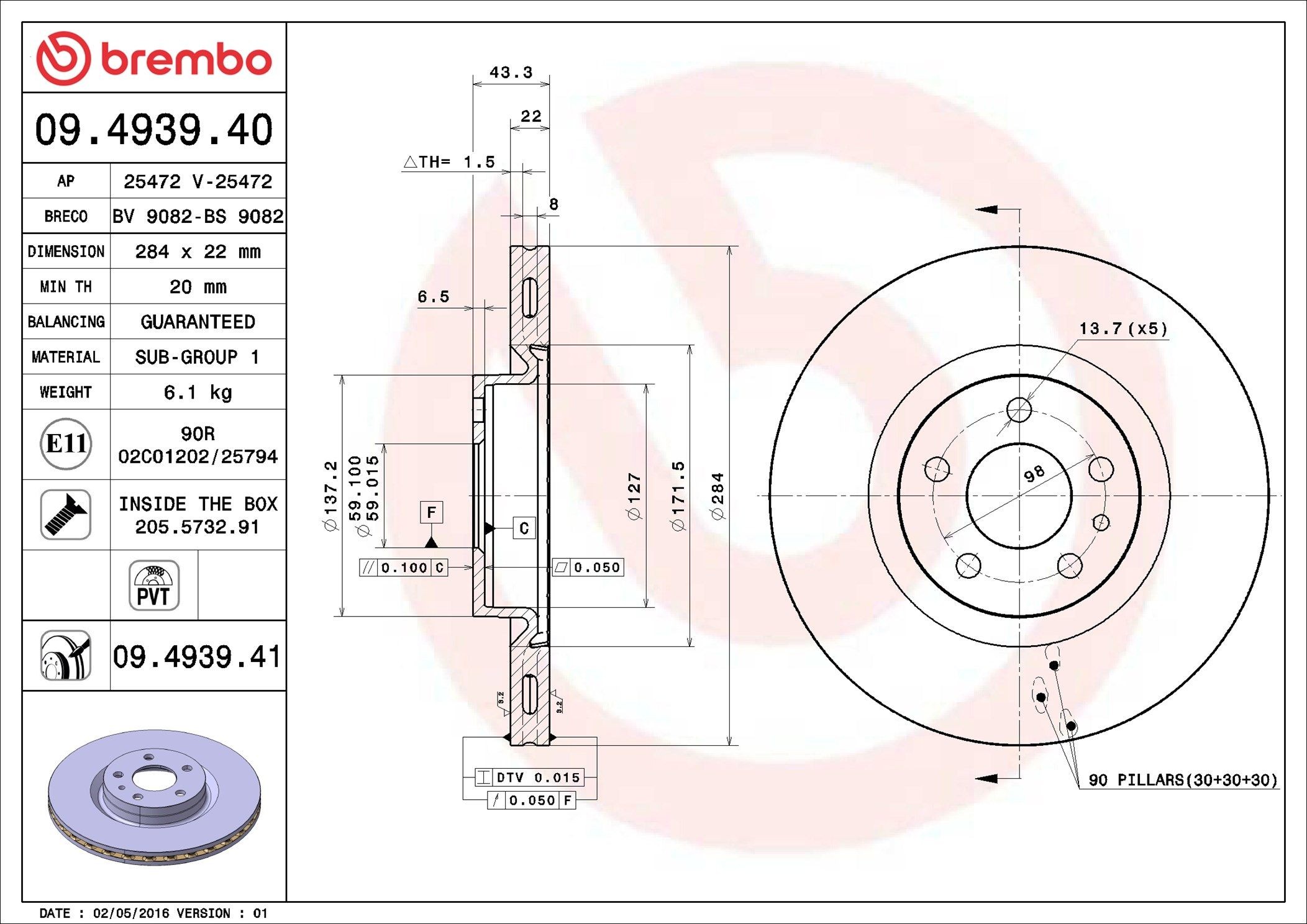 BREMBO 09.4939.40: Bremseskive PRIME LINE Ø: 284mm, indvendigt ventileret, Ø: 284mm, med skruer
