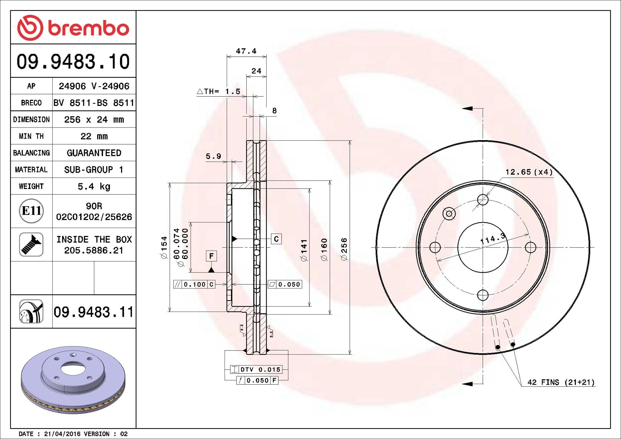 BREMBO 09.9483.11: Brzdový kotouč R: 256mm, vnitřně větráno, R: 256mm, nátěr COATED DISC LINE