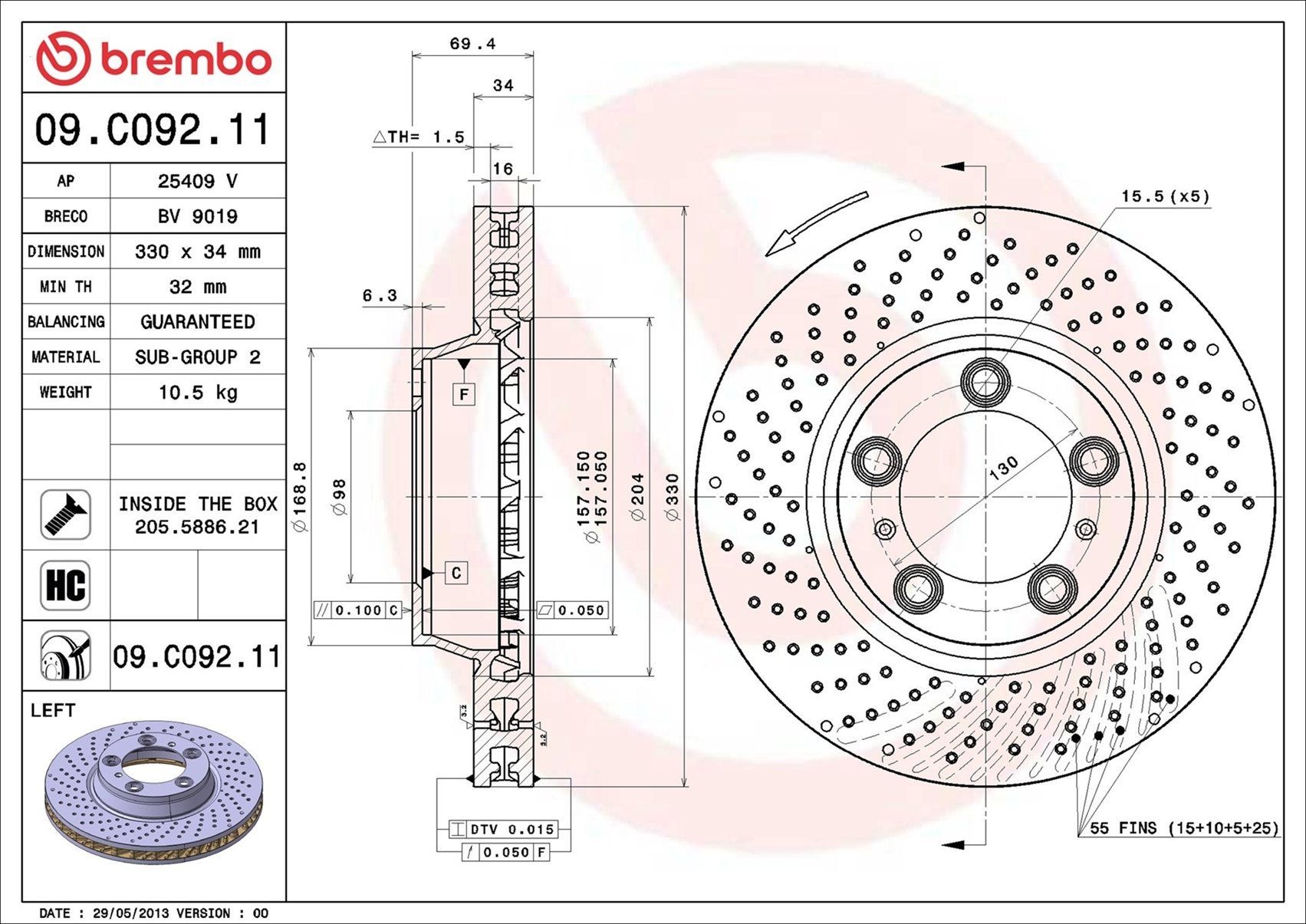 BREMBO 09.C092.11: Piduriketas Ø: 330mm, augustatud/sise, Ø: 330mm, kaetud, koos kruvidega COATED DISC LINE