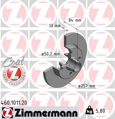 ZIMMERMANN 460.1011.20: Brzdový kotouč R: 257mm, plný, R: 257mm, nátěr COAT Z