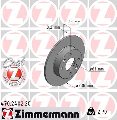 ZIMMERMANN 470.2402.20: Bromsskiva Ø: 238mm, full, Ø: 238mm, belagd COAT Z