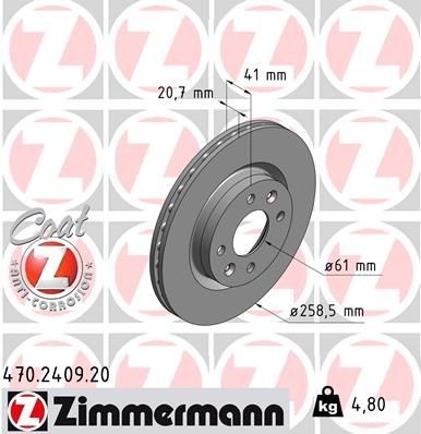 ZIMMERMANN 470.2409.20: Piduriketas Ø: 259mm, sisemine õhutus, Ø: 259mm, kaetud COAT Z