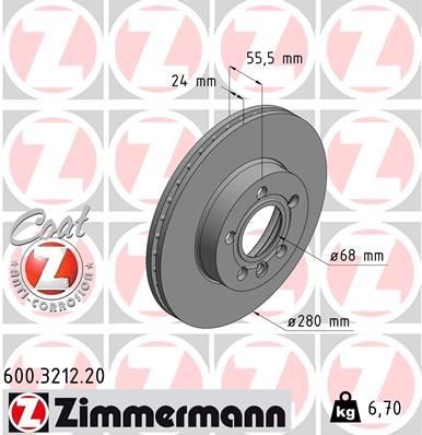 ZIMMERMANN 600.3212.20: Stabdžių diskas Ø: 280mm, vidinis ventiliavimas, Ø: 280mm, padengta COAT Z