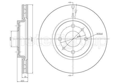 METELLI 23-0407C: Piduriketas Ø: 257,0mm, õhutusega, Ø: 257,0mm, värvitud