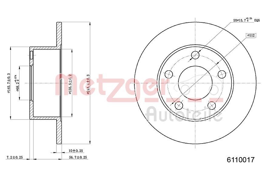 METZGER 6110017: Bremsscheibe Hinterachse, Ø: 245mm, voll, Ø: 245mm, lackiert, Kreuzschliff