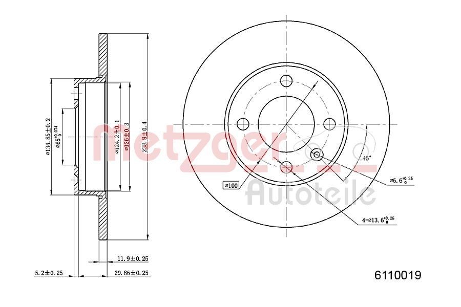 METZGER 6110019: Brzdový kotouč levá přední náprava, pravá přední náprava, R: 239mm, plný, R: 239mm, lakováno, Křížové broušení, se šrouby