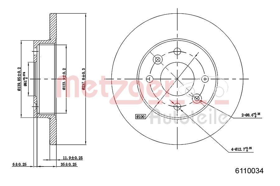 METZGER 6110034: Disco de freno Eje delantero, izquierda, Eje delantero, derecha, Ø: 238mm, macizo, Ø: 238mm, barnizado, Lijado en cruz, con tornillos