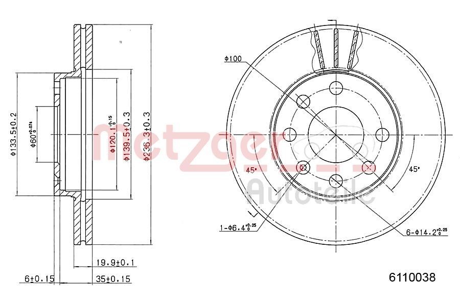 METZGER 6110038: Bremsscheibe Vorderachse links, Vorderachse rechts, Ø: 236mm, innenbelüftet, Ø: 236mm, lackiert, Kreuzschliff, mit Schrauben