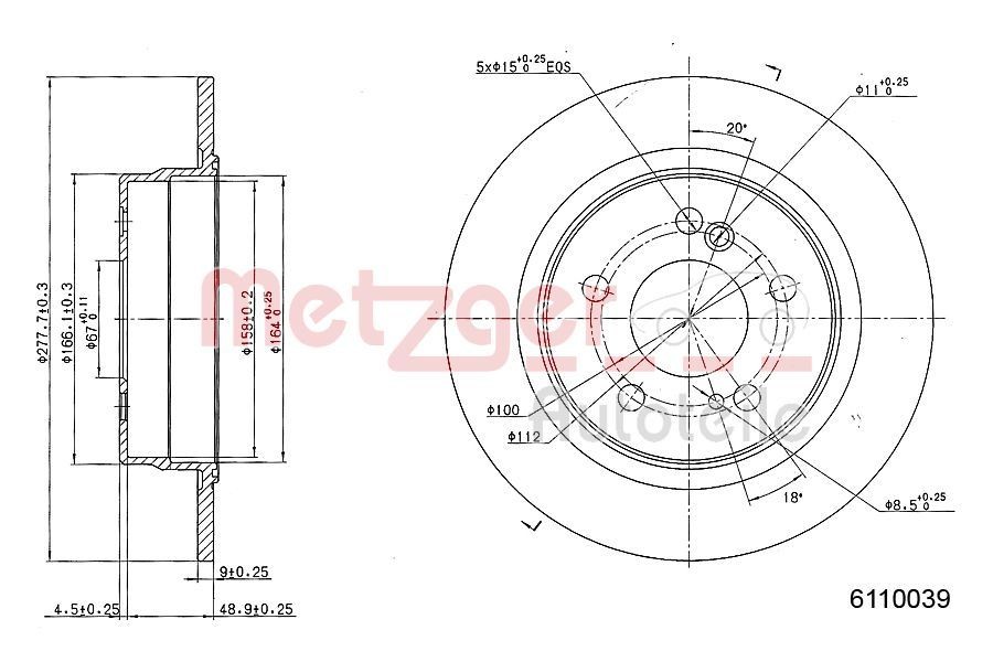 METZGER 6110039: Brzdový kotouč Zadní náprava, R: 278mm, plný, R: 278mm, lakováno, Křížové broušení, se šrouby