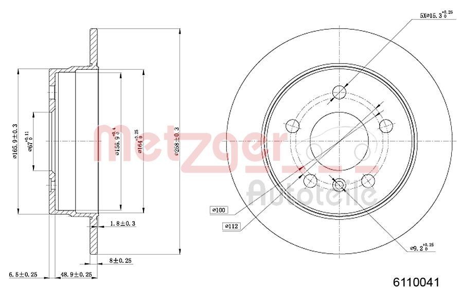METZGER 6110041: Δισκόπλακα Πίσω άξονας, Ø: 258mm, πλήρες, Ø: 258mm, βαμμένο, Εγκάρσια τομή, Με βίδες