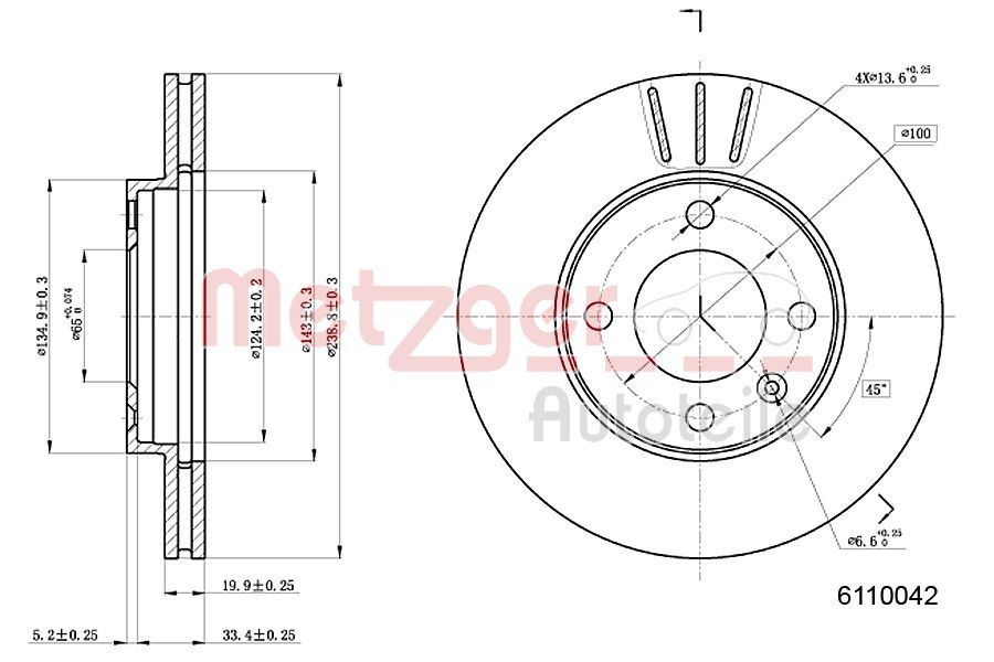 METZGER 6110042: Brzdový kotouč levá přední náprava, pravá přední náprava, R: 239mm, vnitřně větráno, R: 239mm, lakováno, Křížové broušení, se šrouby