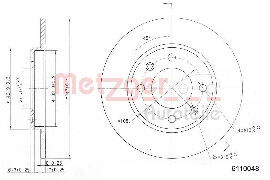 METZGER 6110048: Disc de frână puntea spate, Ř: 247mm, plin, Ř: 247mm, lacuit, Șlefuire în cruce, cu suruburi