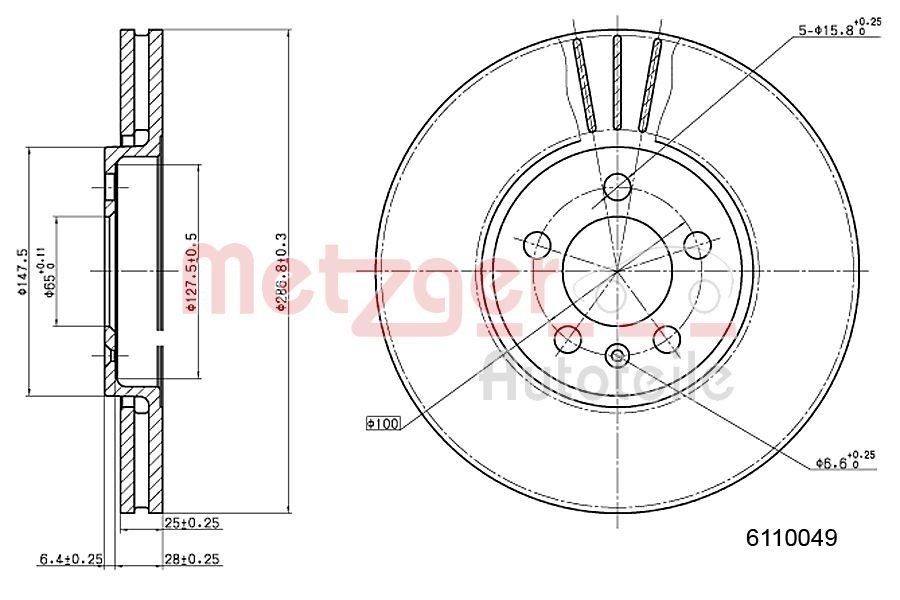 METZGER 6110049: Stabdžių diskas priekinė ašis, kairė, priekinė ašis, dešinė, Ø: 288mm, vidinis ventiliavimas, Ø: 288mm, nudažyta, Kryžminis šlifavimas, su varžtais