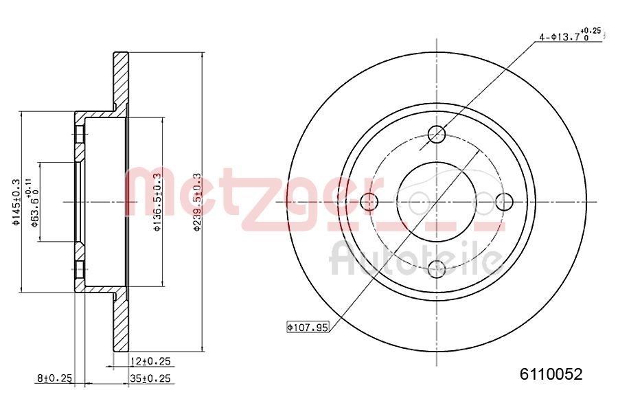 METZGER 6110052: Piduriketas esisild vasakul, esisild paremal, Ø: 240mm, täis, Ø: 240mm, värvitud, Ristlihvimine