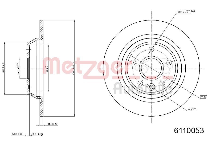 METZGER 6110053: Disc de frână puntea spate, Ř: 302mm, plin, Ř: 302mm, lacuit, Șlefuire în cruce