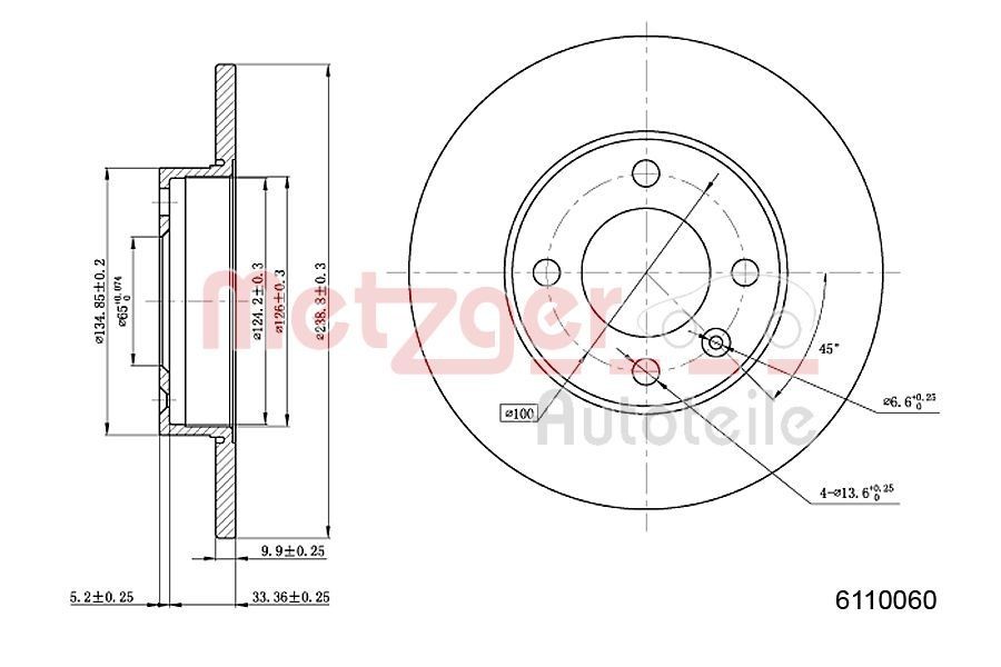 METZGER 6110060: Stabdžių diskas Ø: 238mm, visiškai, Ø: 238mm, nudažyta, Kryžminis šlifavimas, su varžtais