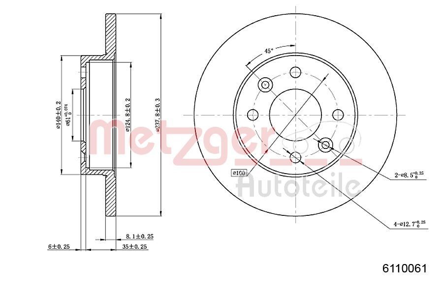 METZGER 6110061: Brzdový kotouč levá přední náprava, pravá přední náprava, R: 238mm, plný, R: 238mm, lakováno, Křížové broušení, se šrouby