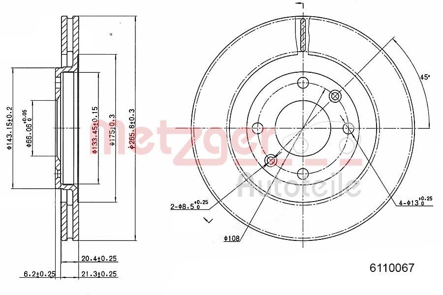 METZGER 6110067: Brzdový kotouč levá přední náprava, pravá přední náprava, R: 266mm, vnitřně větráno, R: 266mm, lakováno, Křížové broušení, se šrouby