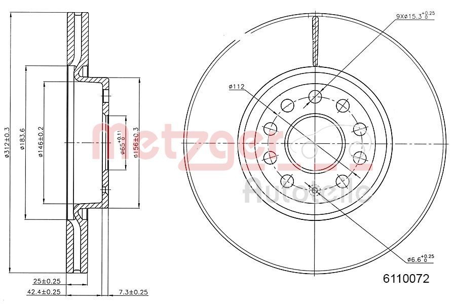 METZGER 6110072: Piduriketas esisild vasakul, esisild paremal, Ø: 312mm, sisemine õhutus, Ø: 312mm, värvitud, Ristlihvimine