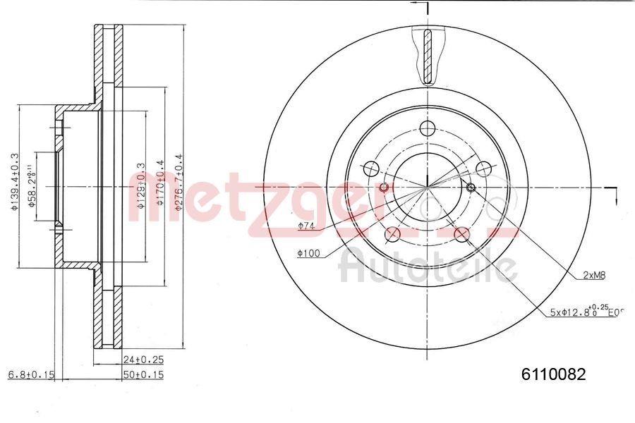 METZGER 6110082: Disco de freno Eje delantero, izquierda, Eje delantero, derecha, Ø: 276mm, ventilación interna, Ø: 276mm, barnizado, Lijado en cruz