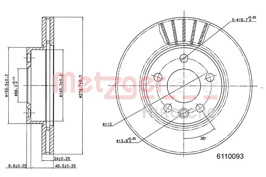 METZGER 6110093: Stabdžių diskas priekinė ašis, kairė, priekinė ašis, dešinė, Ø: 280mm, vidinis ventiliavimas, Ø: 280mm, nudažyta, Kryžminis šlifavimas