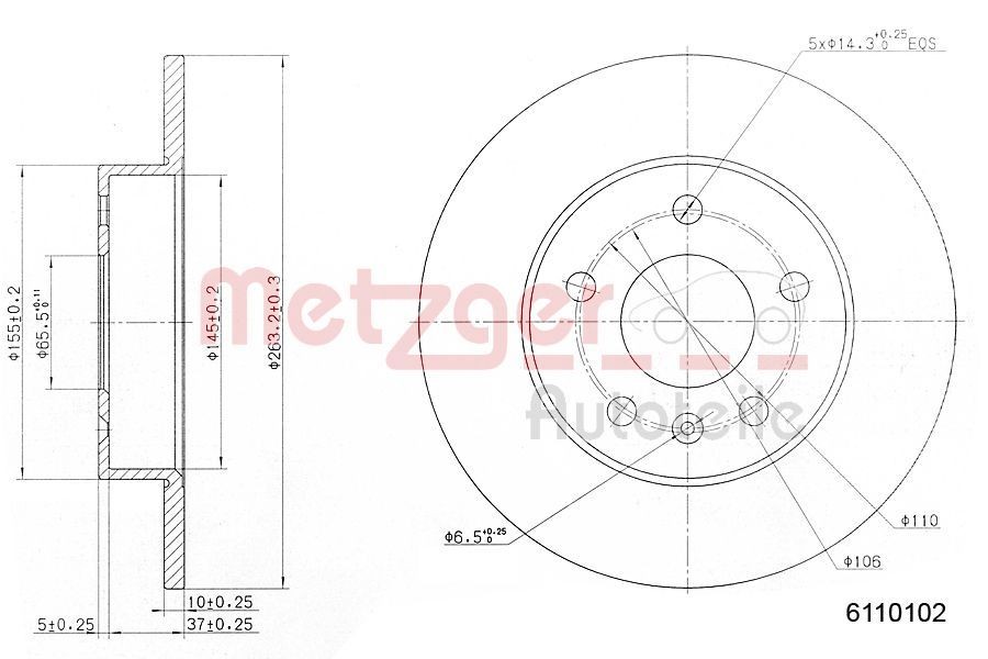 METZGER 6110102: Piduriketas Tagasild, Ø: 264mm, täis, Ø: 264mm, värvitud, Ristlihvimine, koos kruvidega