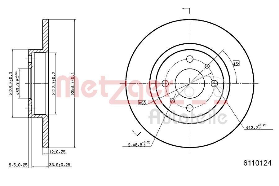 METZGER 6110124: Piduriketas esisild vasakul, esisild paremal, Ø: 258mm, täis, Ø: 258mm, värvitud, Ristlihvimine, koos kruvidega