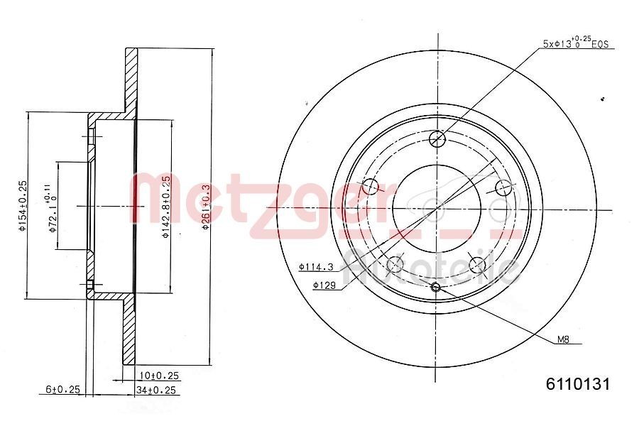 METZGER 6110131: Piduriketas Tagasild, Ø: 261mm, täis, Ø: 261mm, värvitud, Ristlihvimine