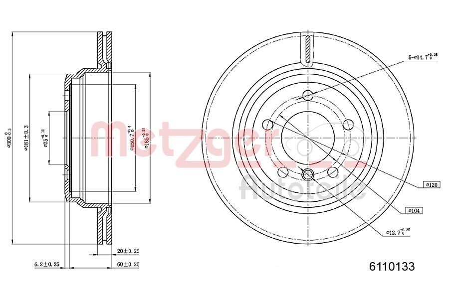 METZGER 6110133: Piduriketas Tagasild, Ø: 300mm, sisemine õhutus, Ø: 300mm, värvitud, Ristlihvimine
