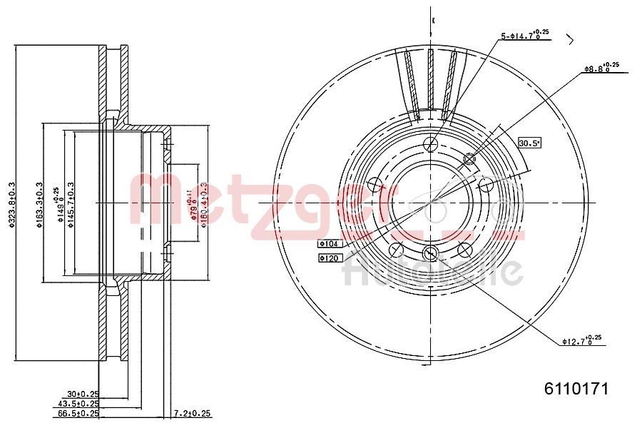 METZGER 6110171: Piduriketas esisild vasakul, esisild paremal, Ø: 324mm, sisemine õhutus, Ø: 324mm, värvitud, Ristlihvimine, koos kruvidega
