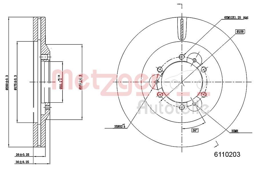 METZGER 6110203: Piduriketas esisild vasakul, esisild paremal, Ø: 280mm, sisemine õhutus, Ø: 280mm, värvitud, Ristlihvimine