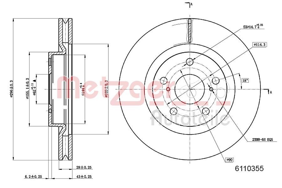 METZGER 6110355: Bromsskiva framaxel vänster, framaxel höger, Ø: 296mm, ventilerad invändigt, Ø: 296mm, lackerad, Korsslipning