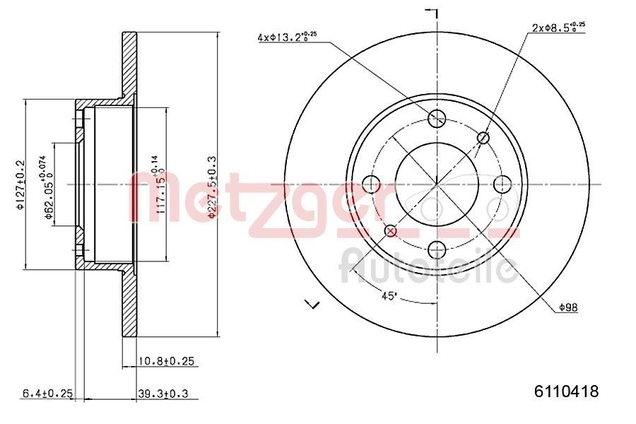 METZGER 6110418: Piduriketas Ø: 227mm, täis, Ø: 227mm, värvitud, Ristlihvimine