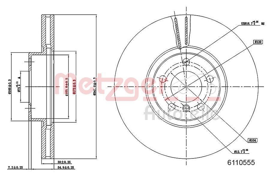 METZGER 6110555: Piduriketas esisild vasakul, esisild paremal, Ø: 348mm, sisemine õhutus, Ø: 348mm, värvitud, Ristlihvimine, koos kruvidega