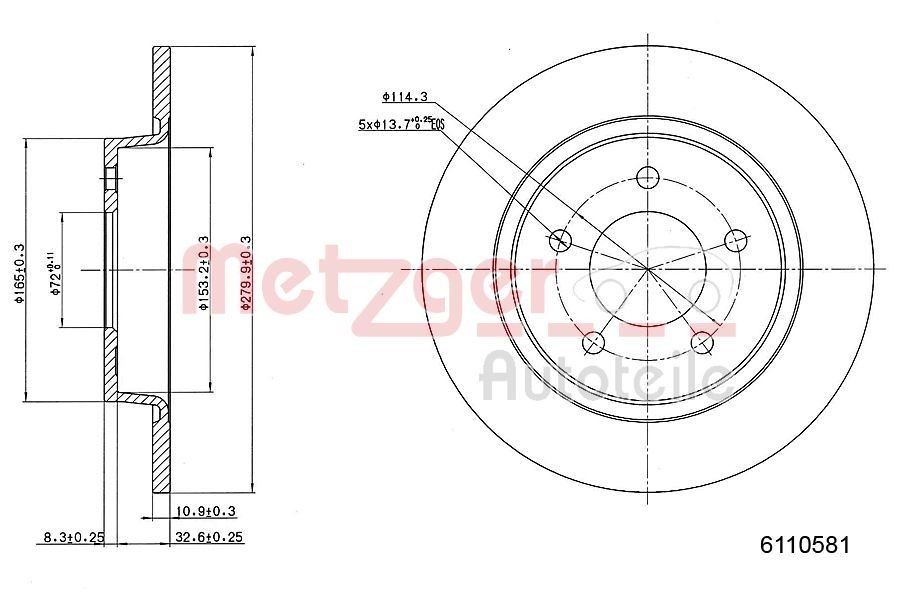 METZGER 6110581: Piduriketas Tagasild, Ø: 280mm, täis, Ø: 280mm, värvitud, Ristlihvimine
